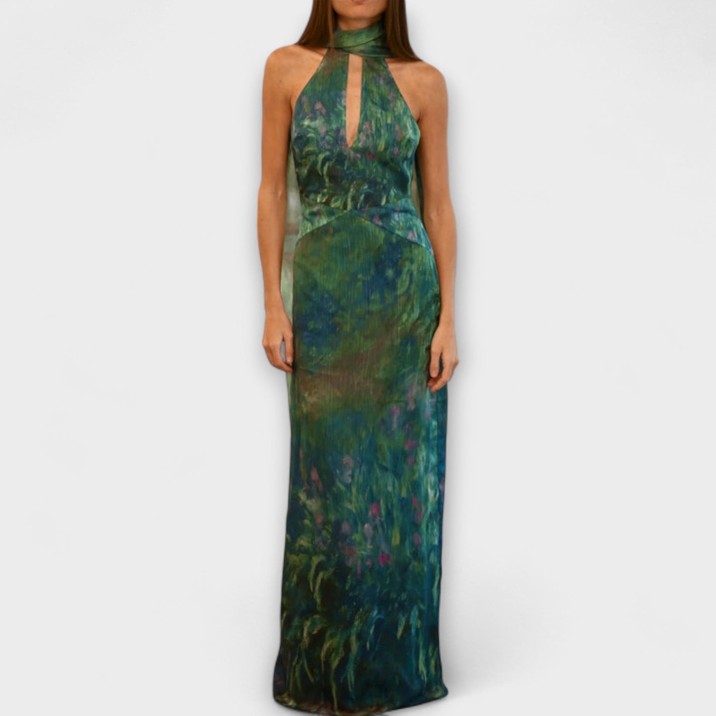 Carmen | Robe maxi à col halter avec imprimé artistique long