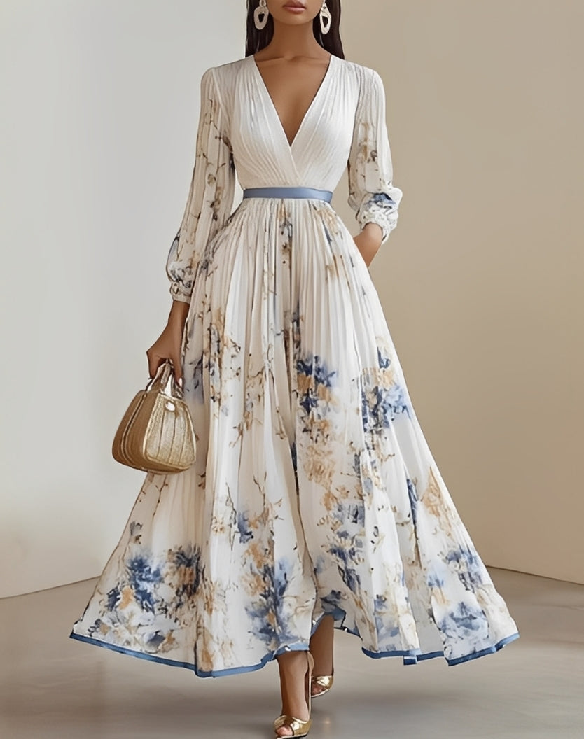 Elena | Robe longue élégante pour femme avec imprimé floral et décolleté en V