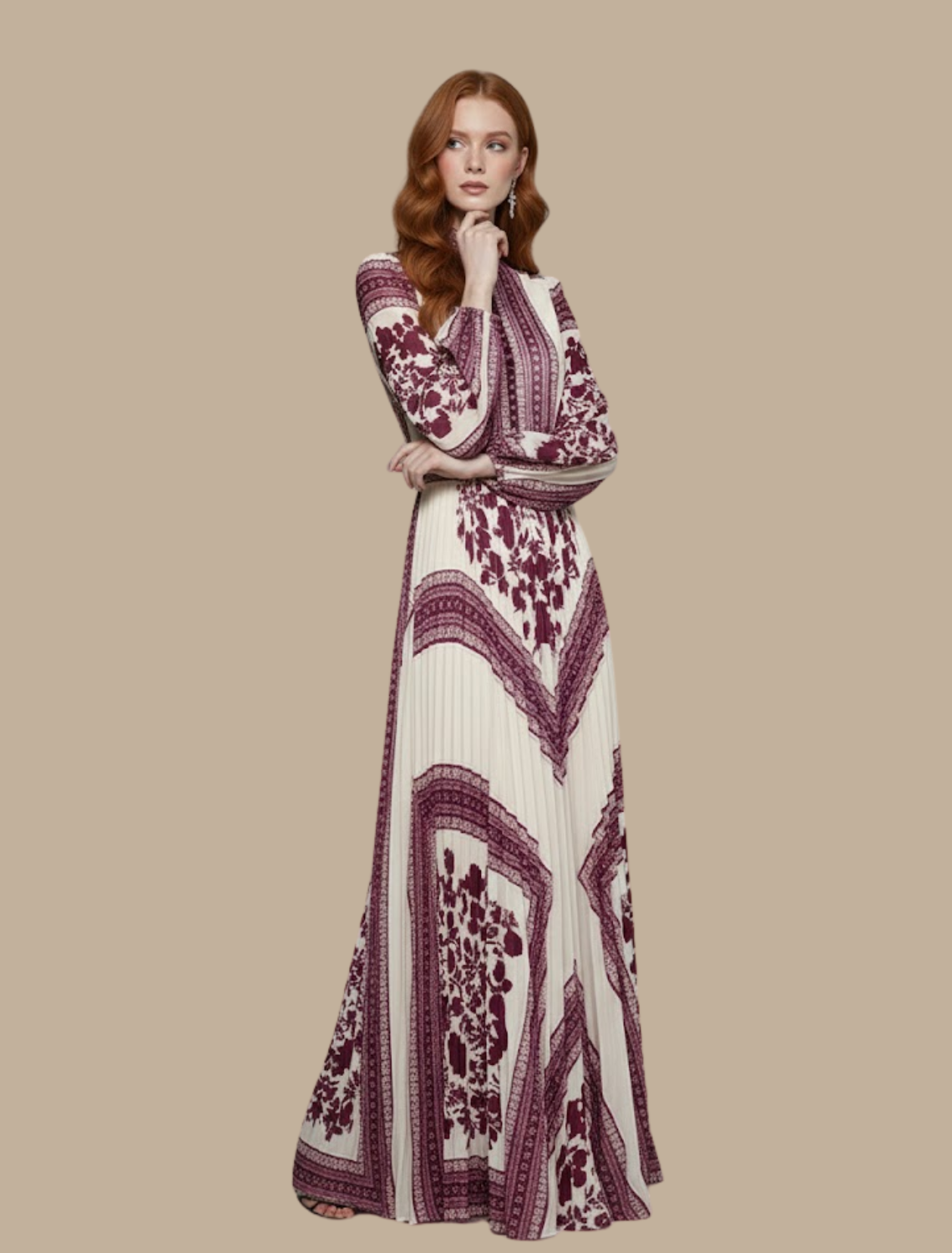 Lucía | Vestido maxi para mujer con plisado y manga larga estampado