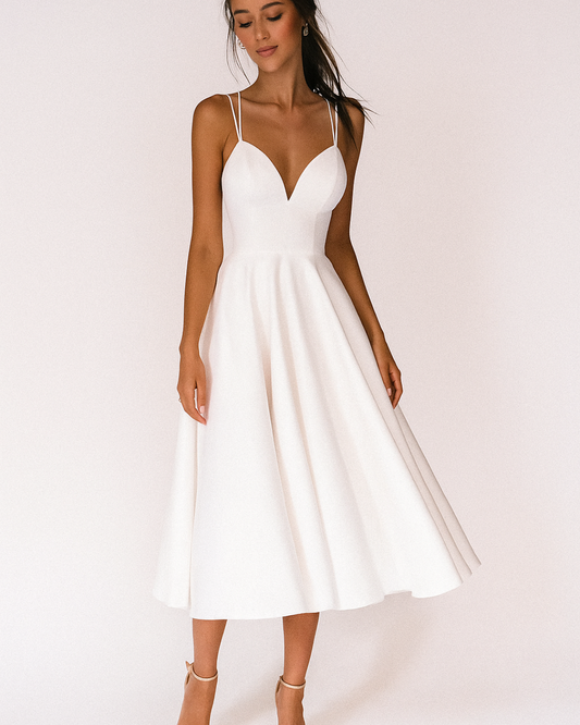 Katia| Women's midi wedding dress with thin straps and full skirt