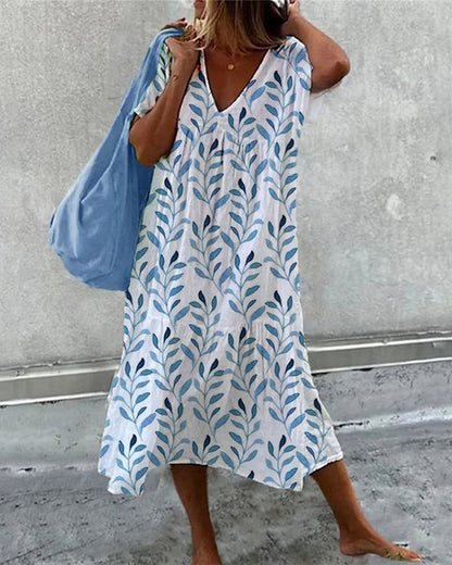 Amarisse | Vestido midi con cuello en V y estampado de hojas para mujer | Ligero