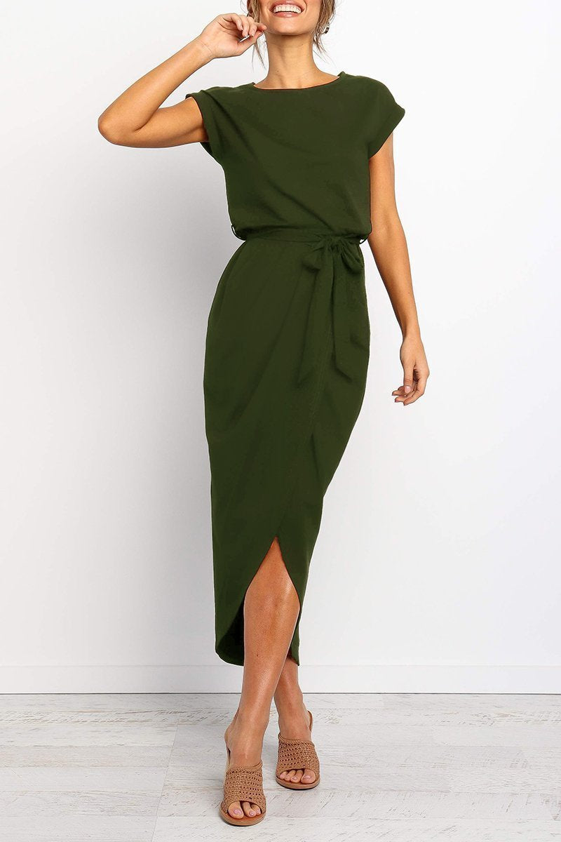Visitación | Vestido midi con cinturón y abertura cruzada
