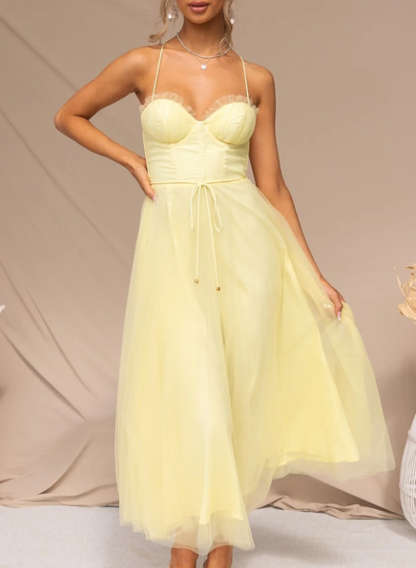 Aitana | Fitted midi dress with thin straps and a flowing skirt