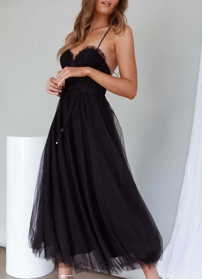 Aitana | Fitted midi dress with thin straps and a flowing skirt