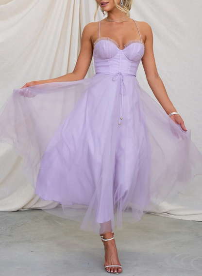 Aitana | Fitted midi dress with thin straps and a flowing skirt