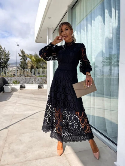 Camila | Vestido Midi de Encaje con Manga Larga