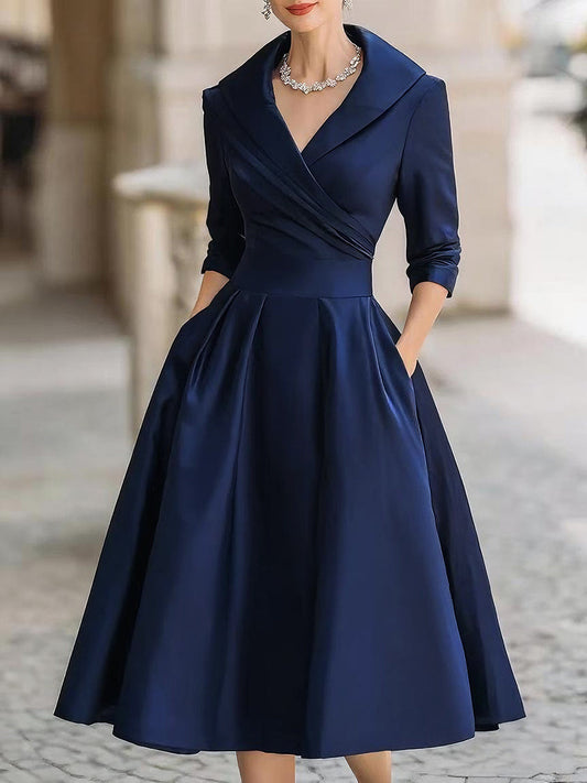 Victoria | Elegant midi dress with long sleeves and crossover neckline