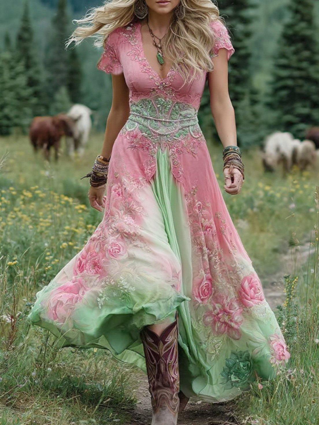 Elara | Robe maxi fleurie avec effet dégradé