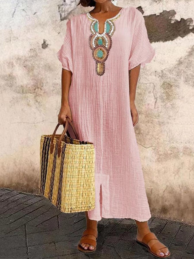 Anni | Vestido caftán bohemio con bordado y manga corta diseño suelto