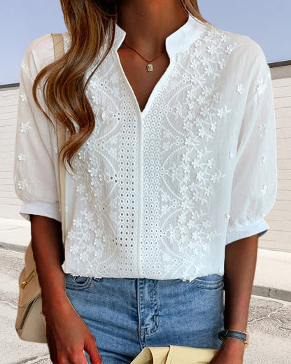 Carmen | Embroidered Blouse with Loose Sleeves and V-Neck