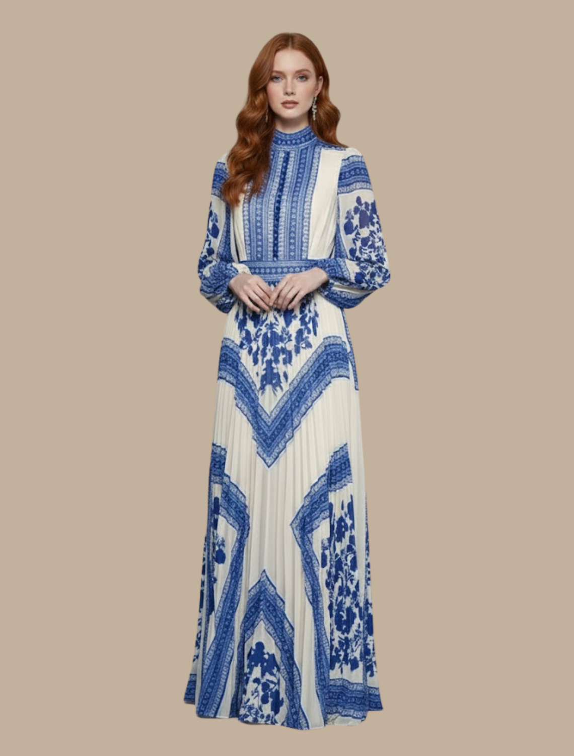Lucía | Vestido maxi para mujer con plisado y manga larga estampado