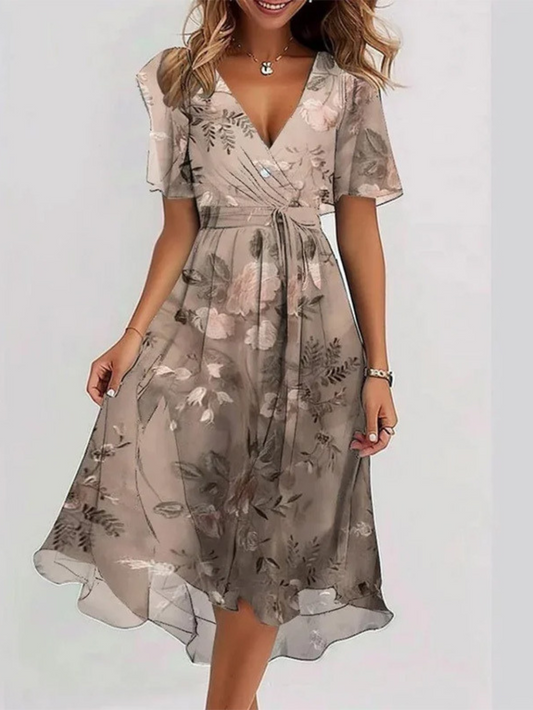 Evangelina | Vestido midi floral cruzado con manga corta