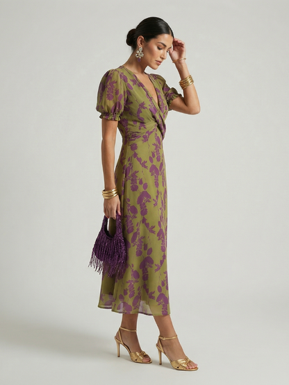 Francisca | Vestido midi floral con mangas abullonadas y escote en V