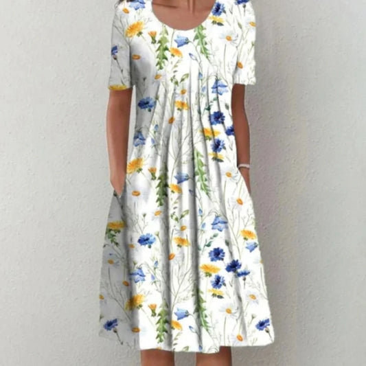 Clara | Femme robe midi florale à manches courtes et poches