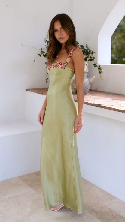 Isabella | Vestido maxi para mujer con tirantes finos y flores bordadas