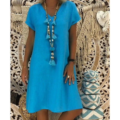 Samaira | Vestido midi con cuello en V y mangas cortas para mujer | Suave