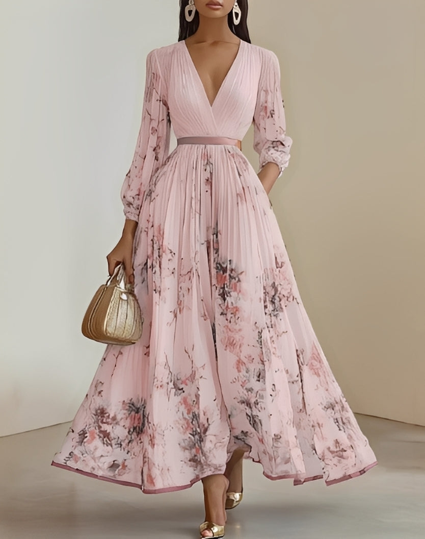 Elena | Robe longue élégante pour femme avec imprimé floral et décolleté en V