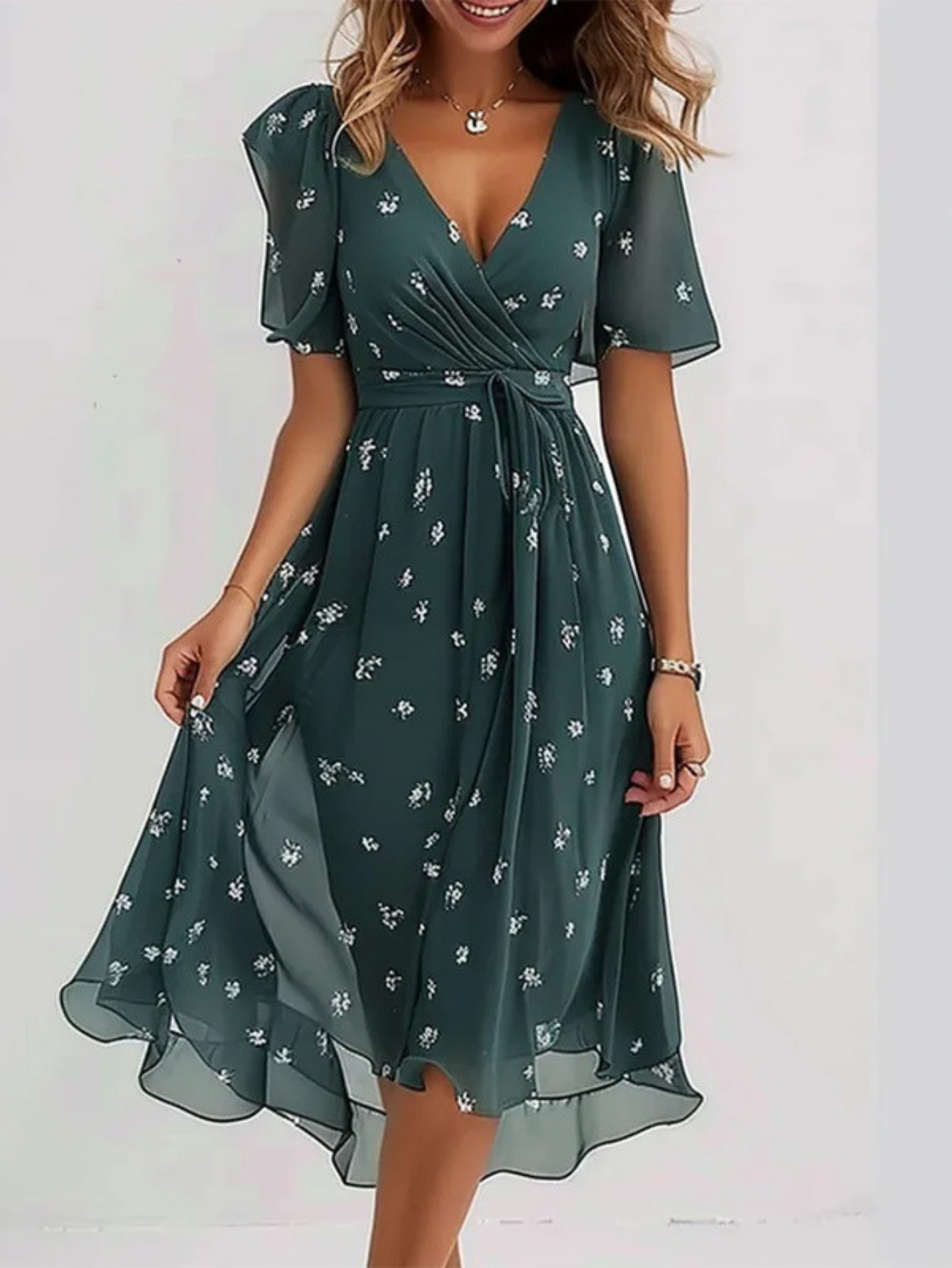 Evangelina | Vestido midi floral cruzado con manga corta