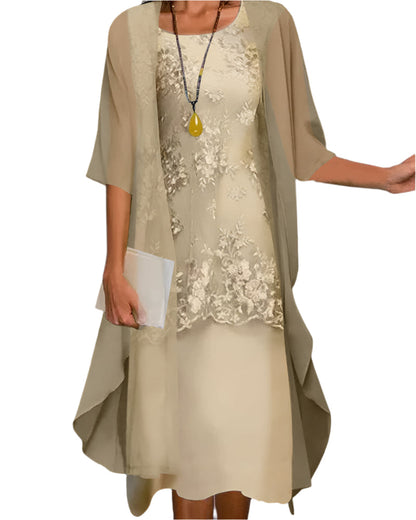 Claudia | Vestido midi de mujer para invitada de boda con mangas transparentes