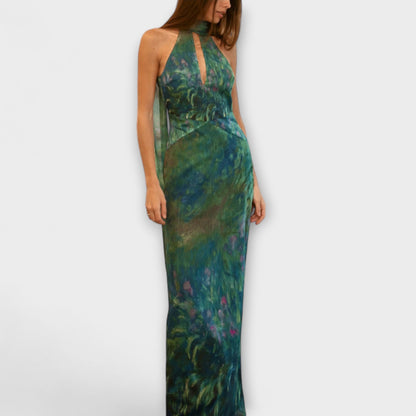 Carmen | Robe maxi à col halter avec imprimé artistique long