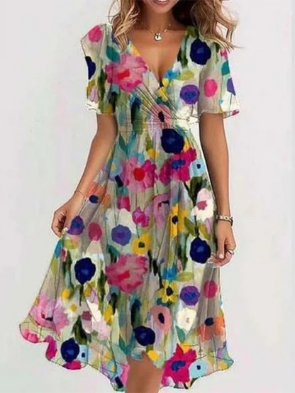 Evangelina | Vestido midi floral cruzado con manga corta