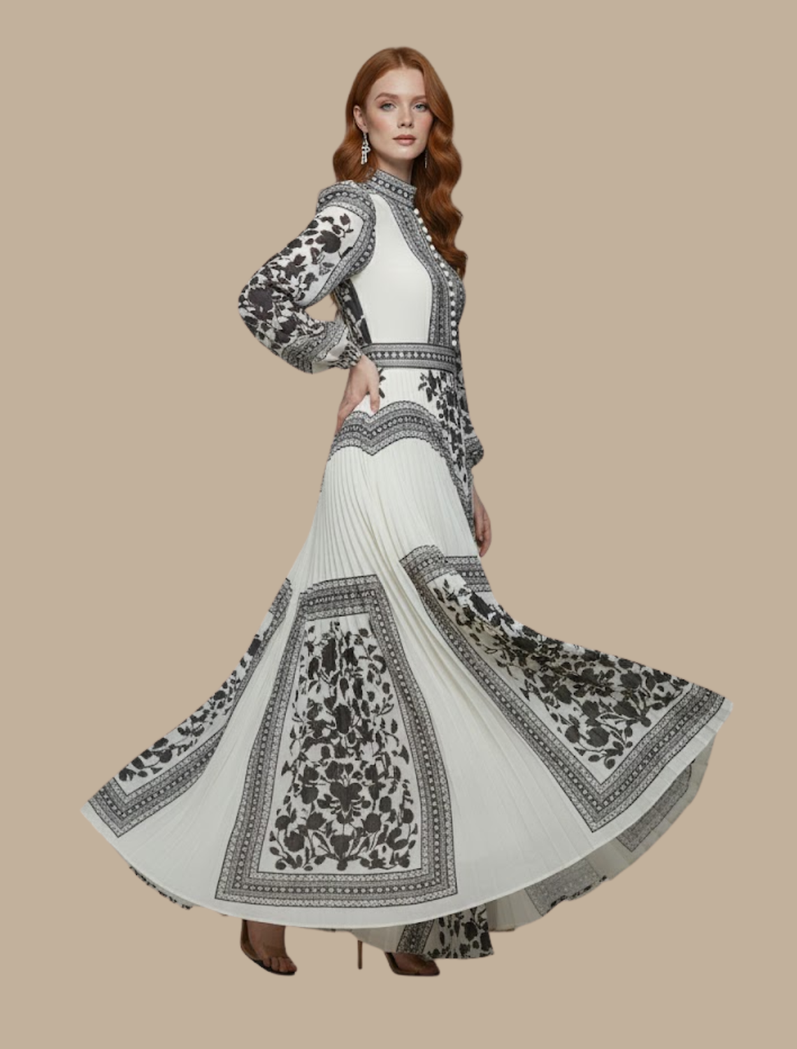 Lucía | Vestido maxi para mujer con plisado y manga larga estampado
