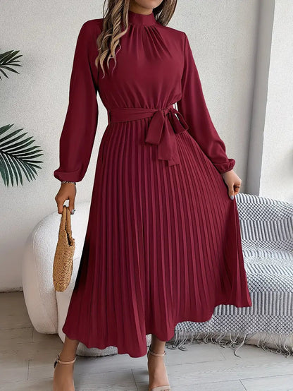 Rhea | Pleated Long Sleeve Dress with Belt