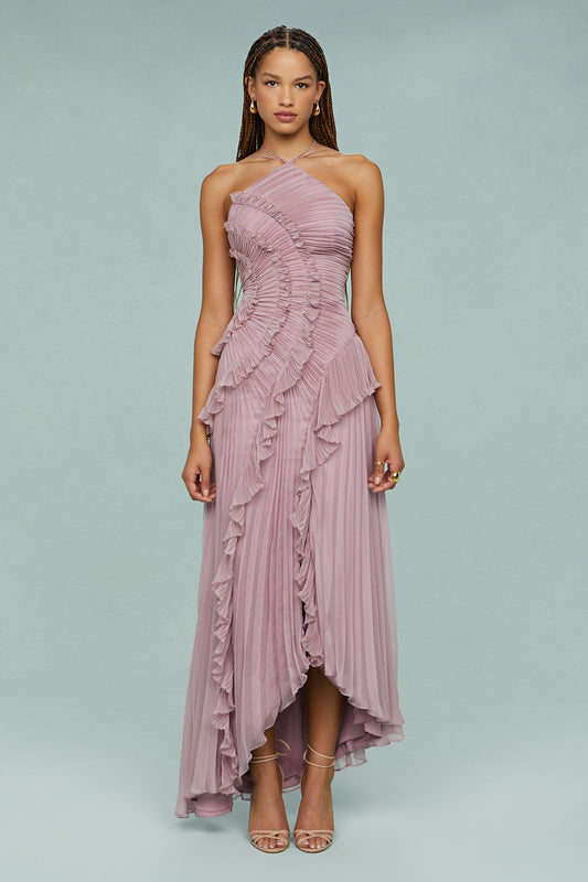 Emilia | Elegant halter dress with ruffles and pleats