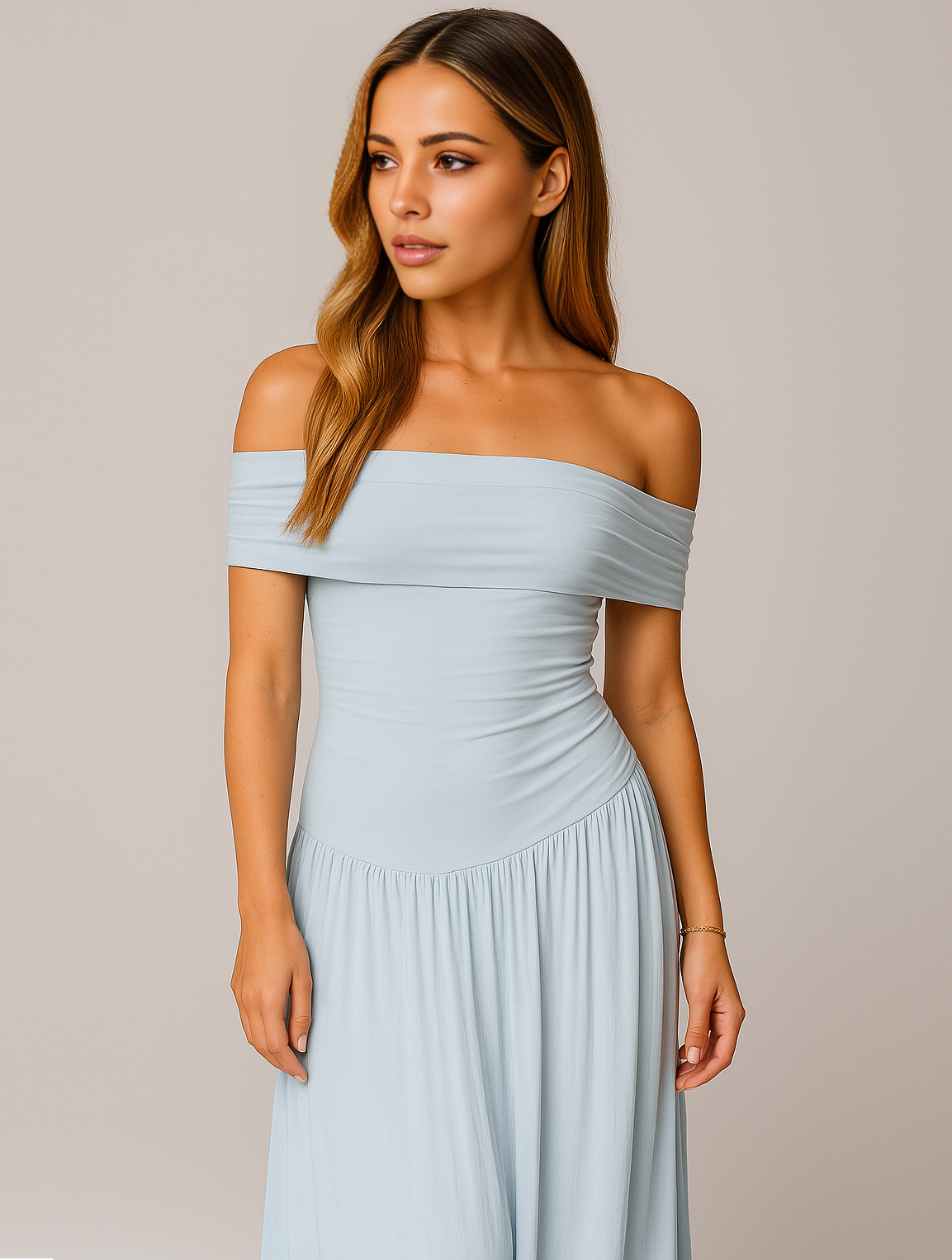 Dalia | Women's pleated maxi wedding dress with off-shoulder design