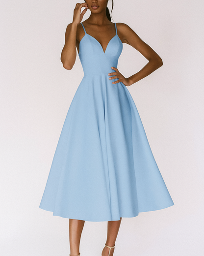 Katia| Women's midi wedding dress with thin straps and full skirt