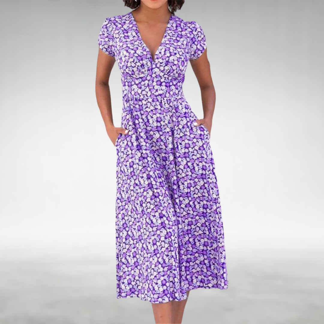 Violante | Women's Floral V-Neck Midi Dress with Pockets
