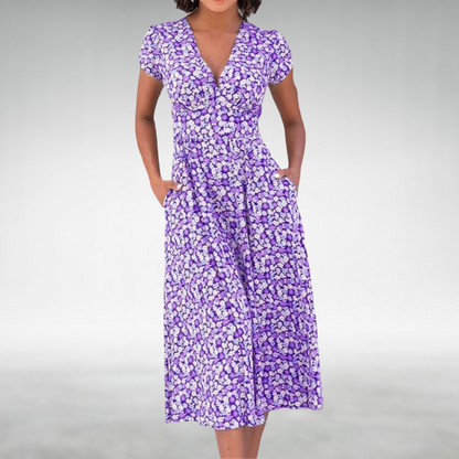 Violante | Women's Floral V-Neck Midi Dress with Pockets