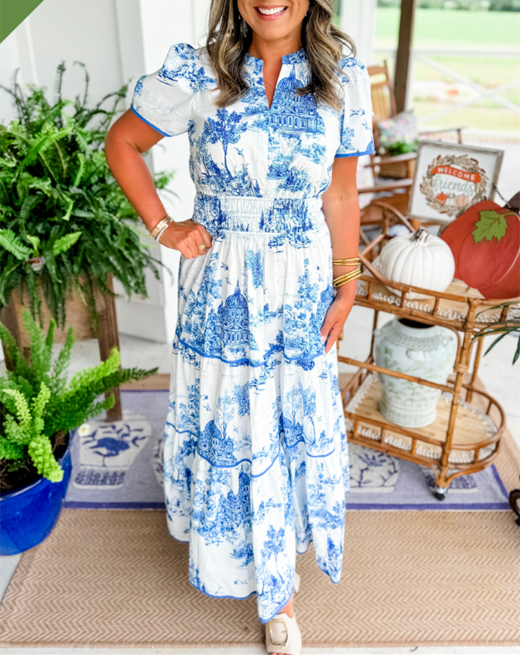 Olalla | Vestido midi para mujer con estampado vintage y volantes