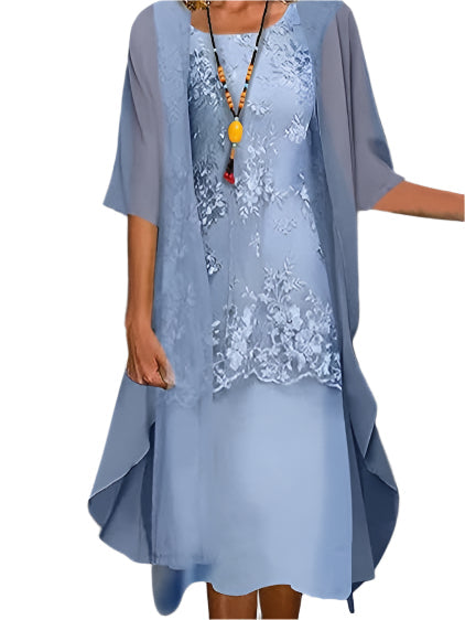 Claudia | Vestido midi de mujer para invitada de boda con mangas transparentes