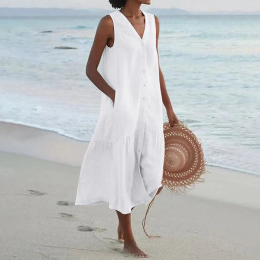 Judy | Robe midi sans manches à col en V