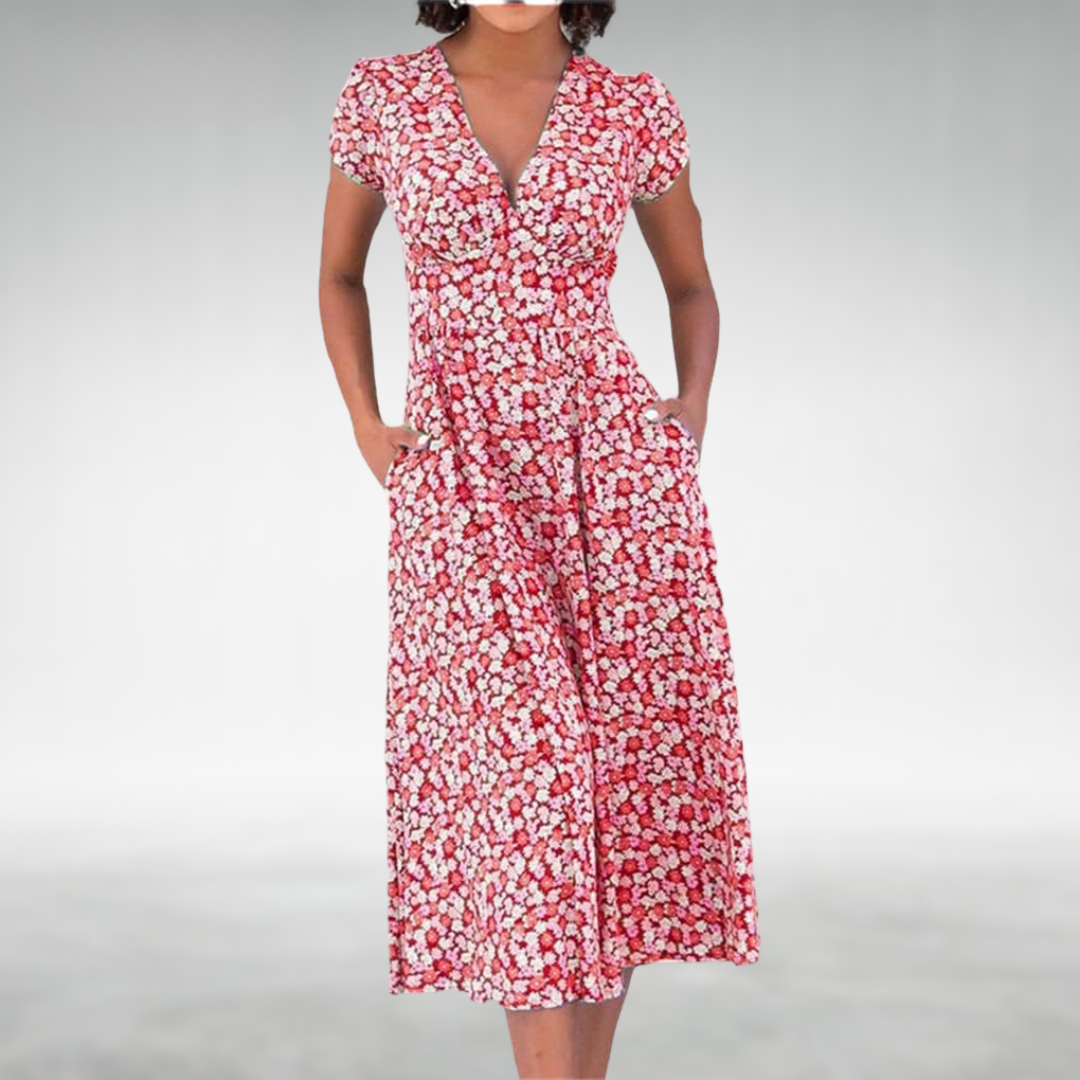 Violante | Women's Floral V-Neck Midi Dress with Pockets