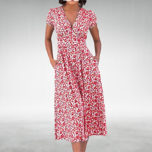 Violante | Vestido midi floral para mujer con escote en V y bolsillos