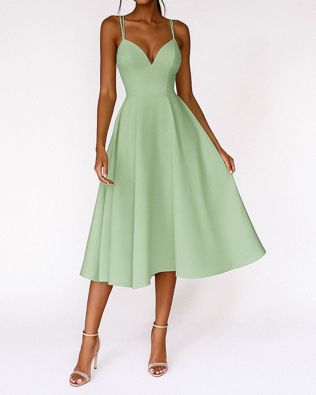 Katia| Women's midi wedding dress with thin straps and full skirt