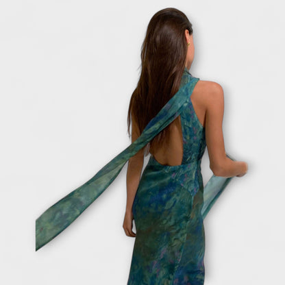 Carmen | Robe maxi à col halter avec imprimé artistique long