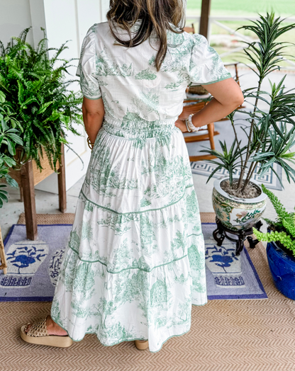 Olalla | Vestido midi para mujer con estampado vintage y volantes