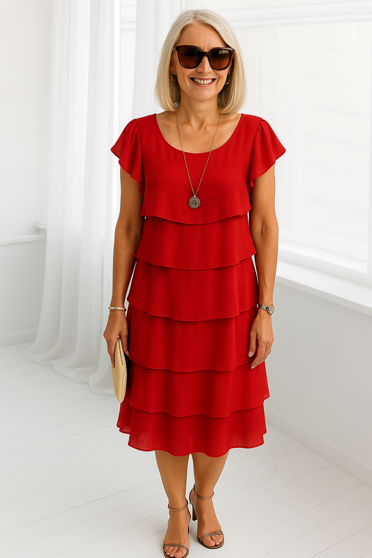 Arelis | Vestido Midi para Mujer con Capas y Mangas Cortas