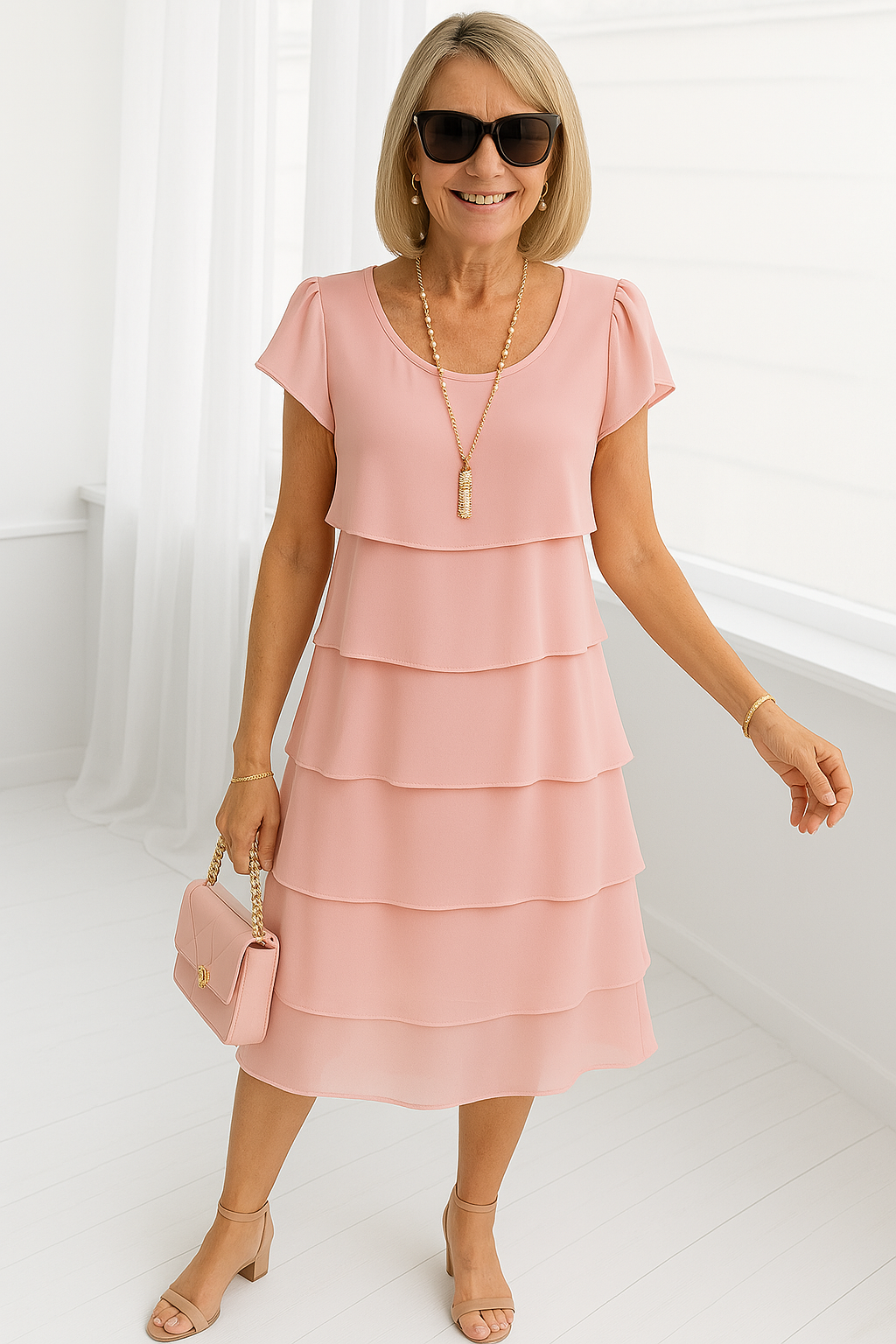 Arelis | Women's Tiered Short Sleeve Midi Dress