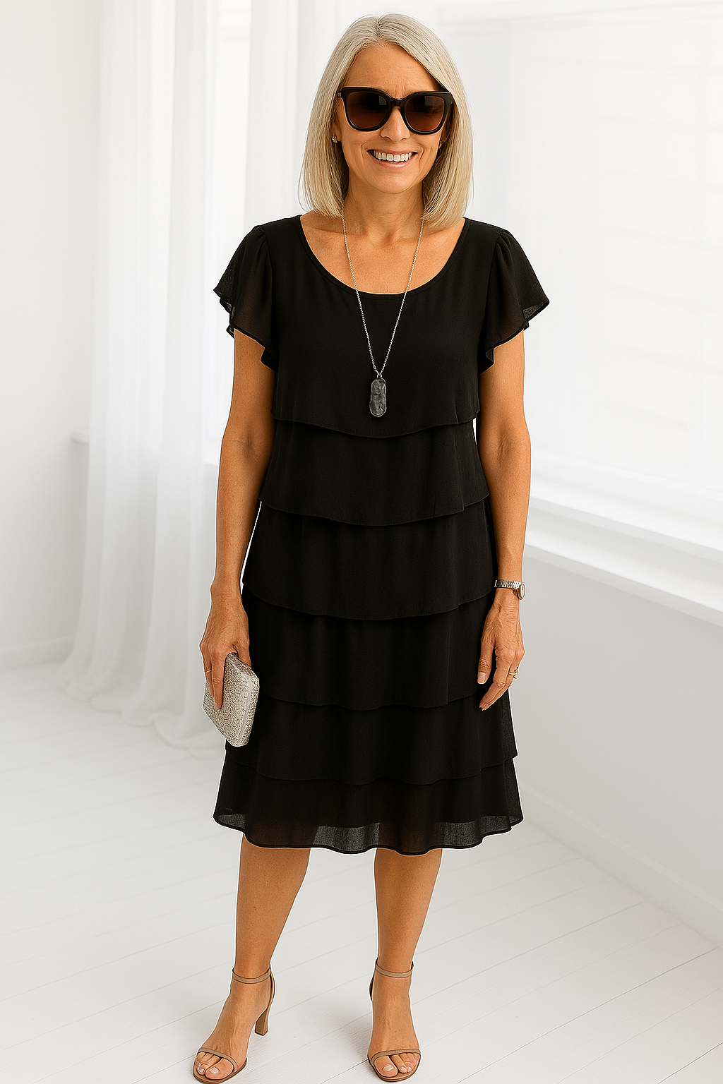Karla | Mujer vestido midi con capas y manga corta