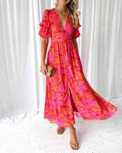 Zelmira | Vestido maxi elegante con estampado y manga corta