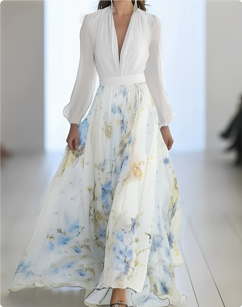 Elena | Robe longue élégante pour femme avec imprimé floral et décolleté en V