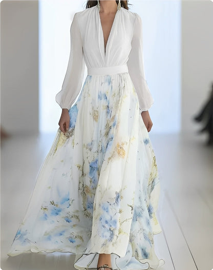 Elena | Robe longue élégante pour femme avec imprimé floral et décolleté en V