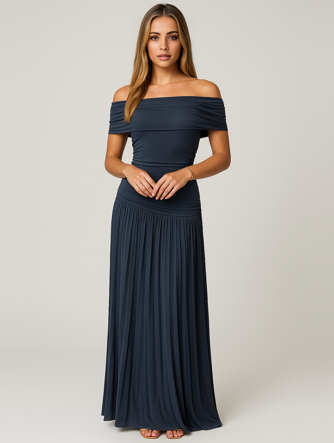 Dalia | Women's pleated maxi wedding dress with off-shoulder design