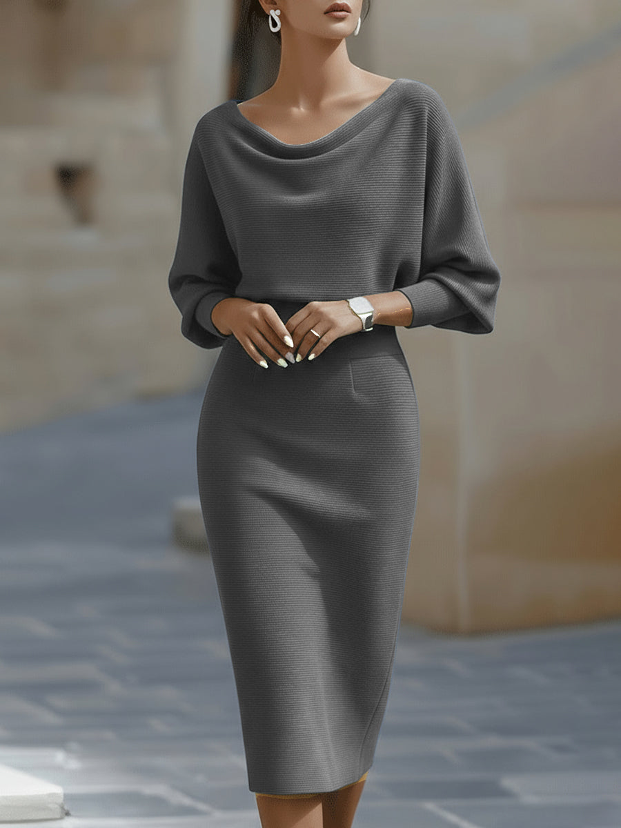 Patricia | Midi dress with mid-length sleeves and fitted draped neckline