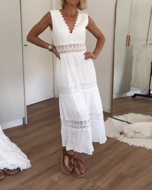 Jimena | Robe midi pour femme, style bohème avec dentelle et col en V