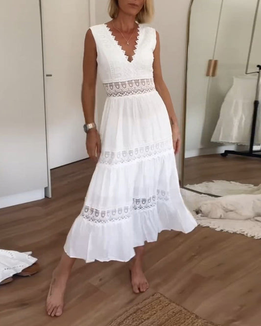 Jimena | Robe midi pour femme, style bohème avec dentelle et col en V